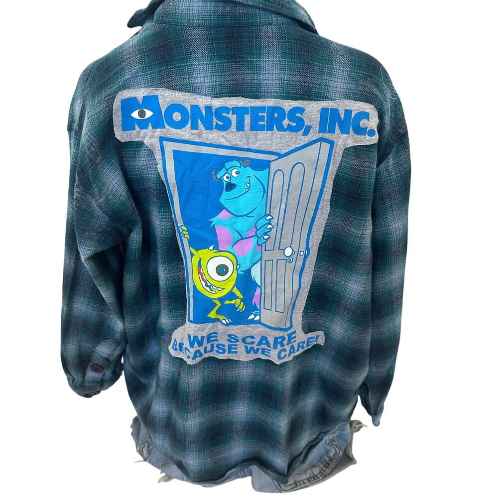 Monsters Inc Flannel Plaid Shirt MEDIUM Oversized Unique Upcycled Sully Mike